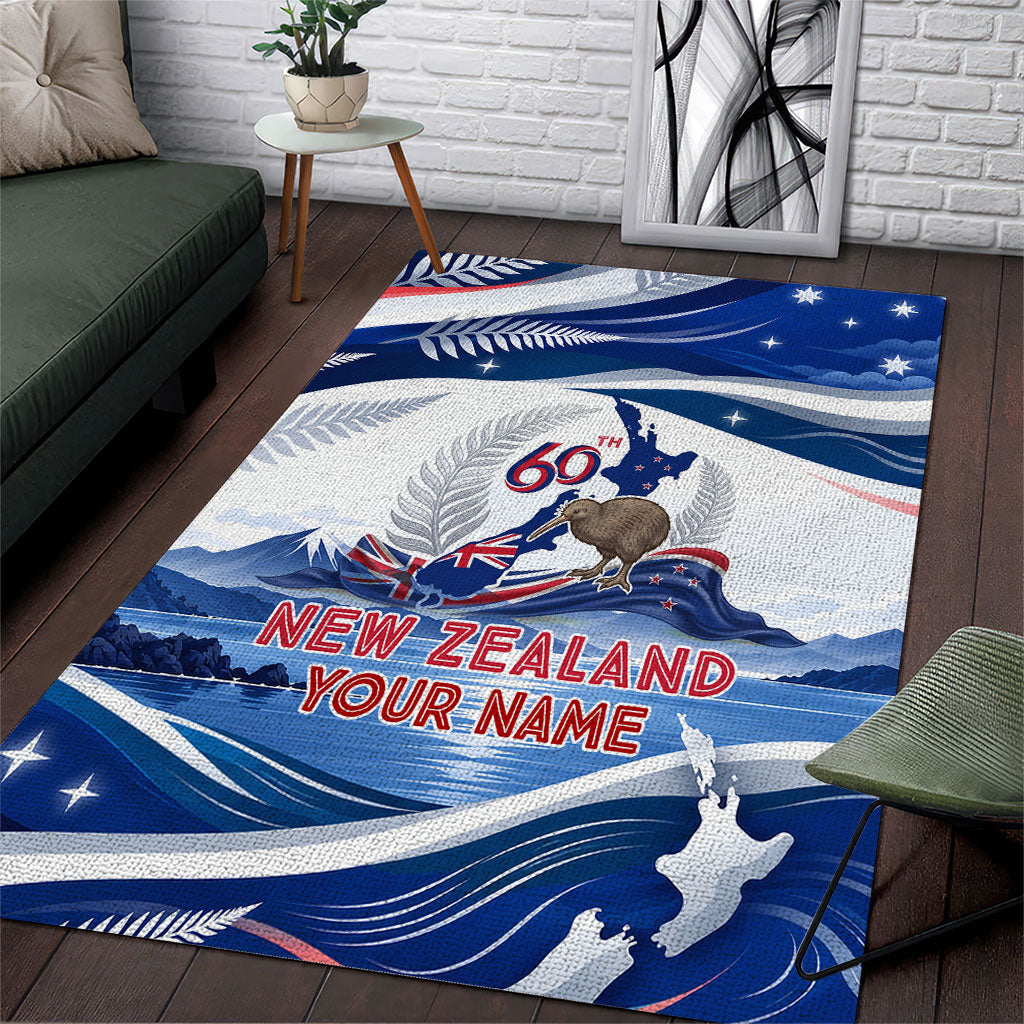 Personalized New Zealand 60th Birthday Area Rug Silver Fern Kiwi Bird Coat Of Arms Flag Graphic Art TS04 Blue White - Polynesian Pride