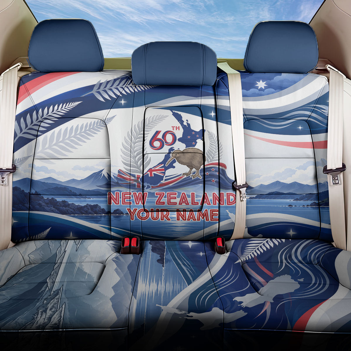 Personalized New Zealand 60th Birthday Back Car Seat Cover Silver Fern Kiwi Bird Coat Of Arms Flag Graphic Art TS04 One Size Blue White - Polynesian Pride