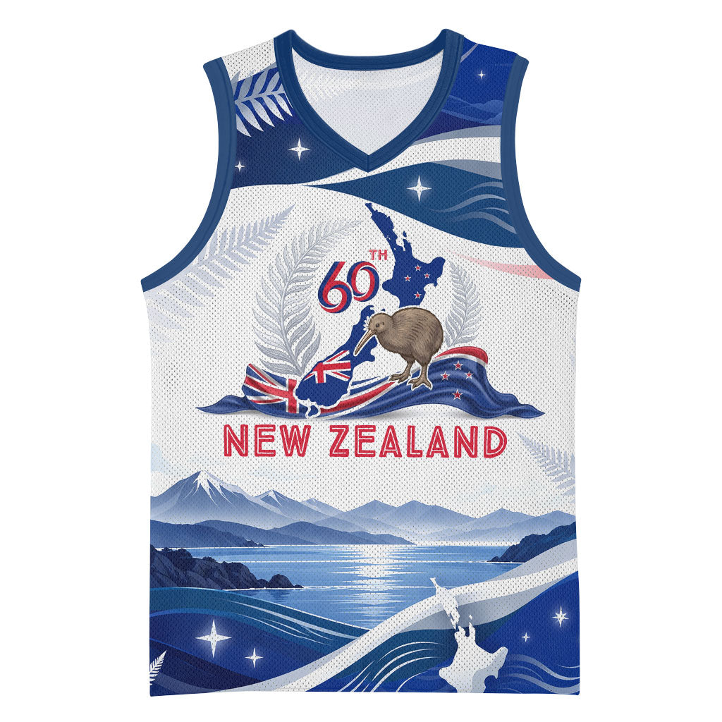 Personalized New Zealand 60th Birthday Basketball Jersey Silver Fern Kiwi Bird Coat Of Arms Flag Graphic Art TS04 Unisex Blue White - Polynesian Pride