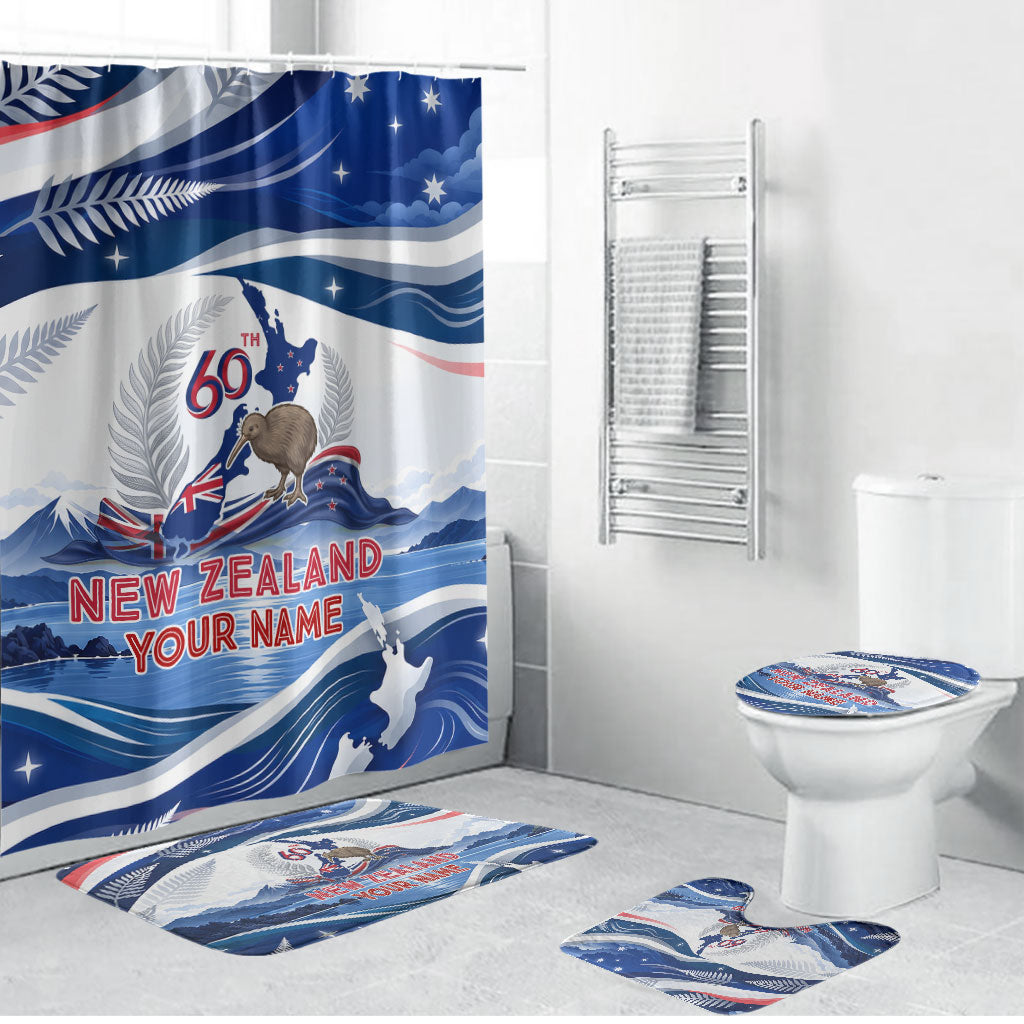 Personalized New Zealand 60th Birthday Bathroom Set Silver Fern Kiwi Bird Coat Of Arms Flag Graphic Art TS04 Bathroom Set (4 pcs) Blue White - Polynesian Pride