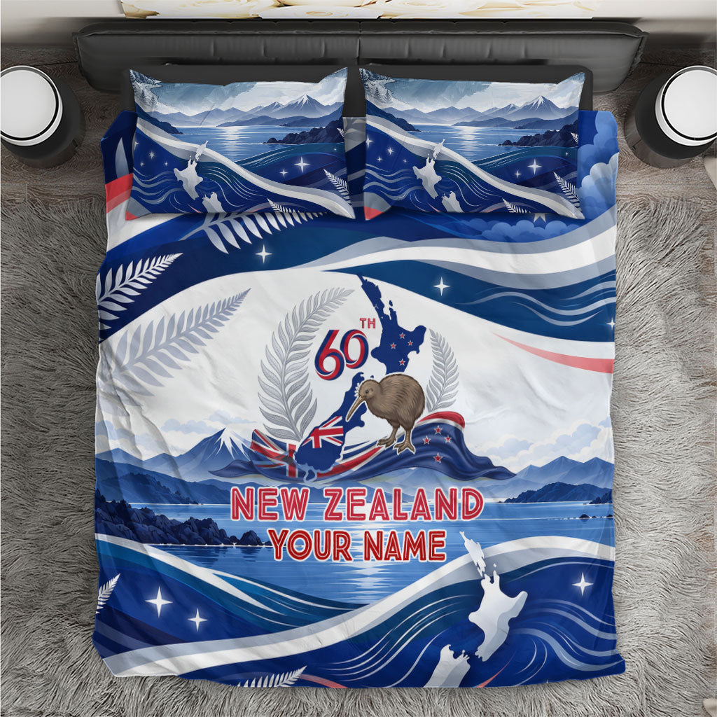 Personalized New Zealand 60th Birthday Bedding Set Silver Fern Kiwi Bird Coat Of Arms Flag Graphic Art TS04 Blue White - Polynesian Pride