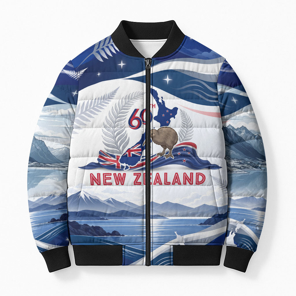 Personalized New Zealand 60th Birthday Bomber Puffer Jacket Silver Fern Kiwi Bird Coat Of Arms Flag Graphic Art