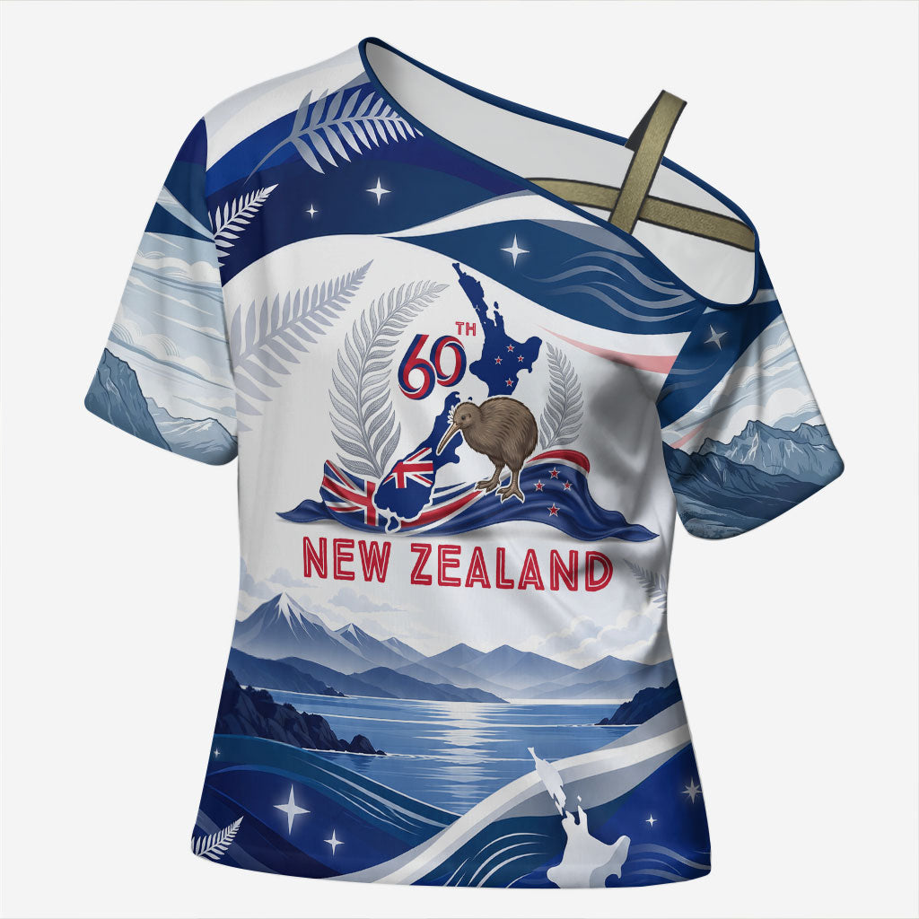 Personalized New Zealand 60th Birthday Cross Shoulder Shirt Silver Fern Kiwi Bird Coat Of Arms Flag Graphic Art TS04 Female Blue White - Polynesian Pride