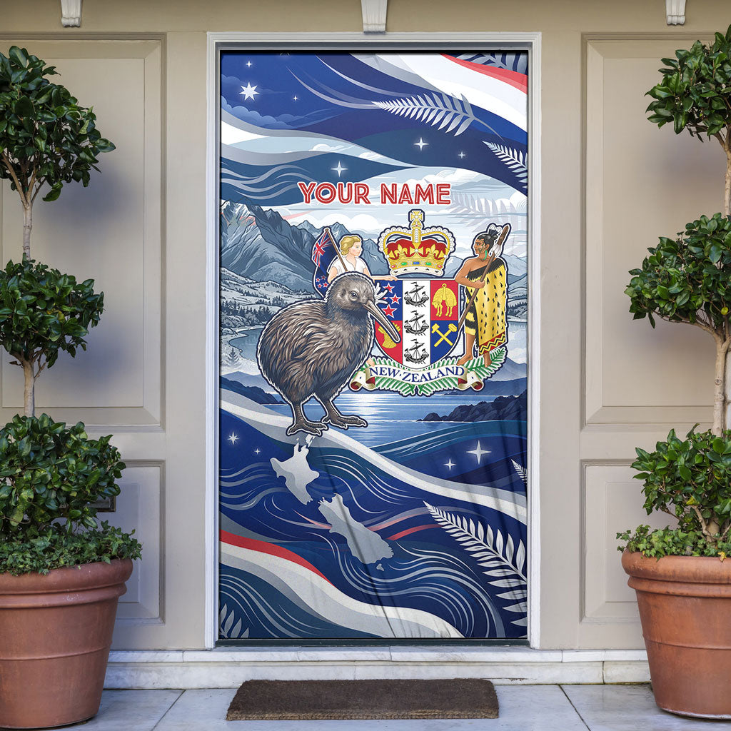 Personalized New Zealand 60th Birthday Door Cover Silver Fern Kiwi Bird Coat Of Arms Flag Graphic Art TS04 Blue White - Polynesian Pride