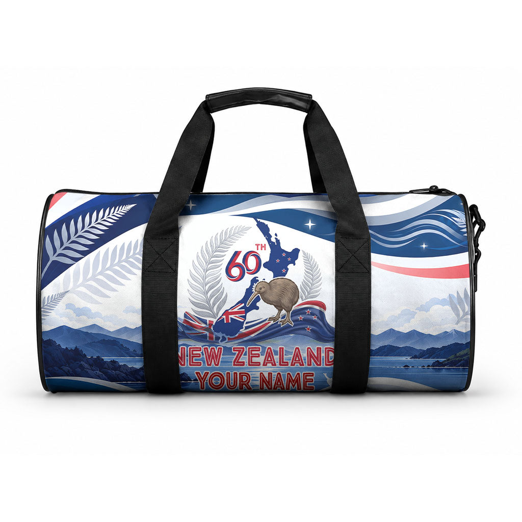 Personalized New Zealand 60th Birthday Duffle Bag Silver Fern Kiwi Bird Coat Of Arms Flag Graphic Art
