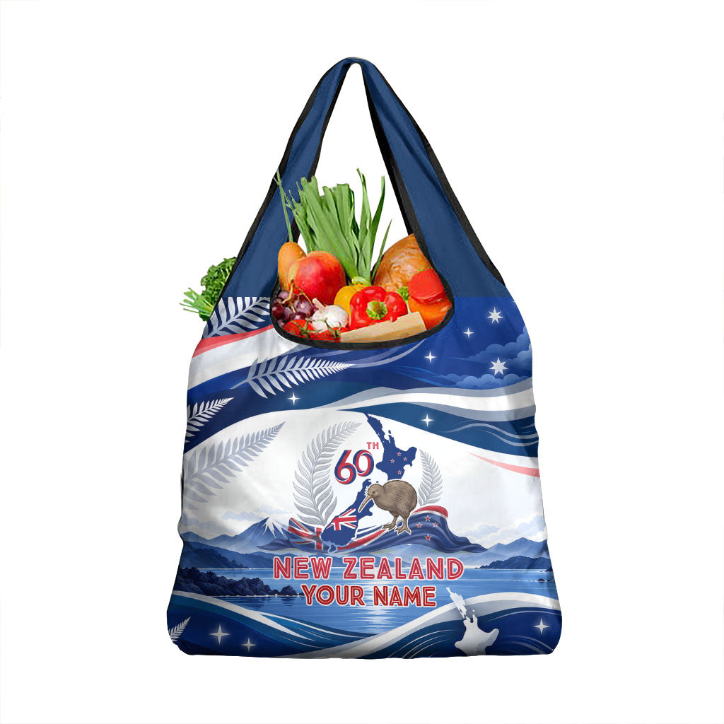 Personalized New Zealand 60th Birthday Grocery Bag Silver Fern Kiwi Bird Coat Of Arms Flag Graphic Art TS04 1-pack One Size Blue White - Polynesian Pride