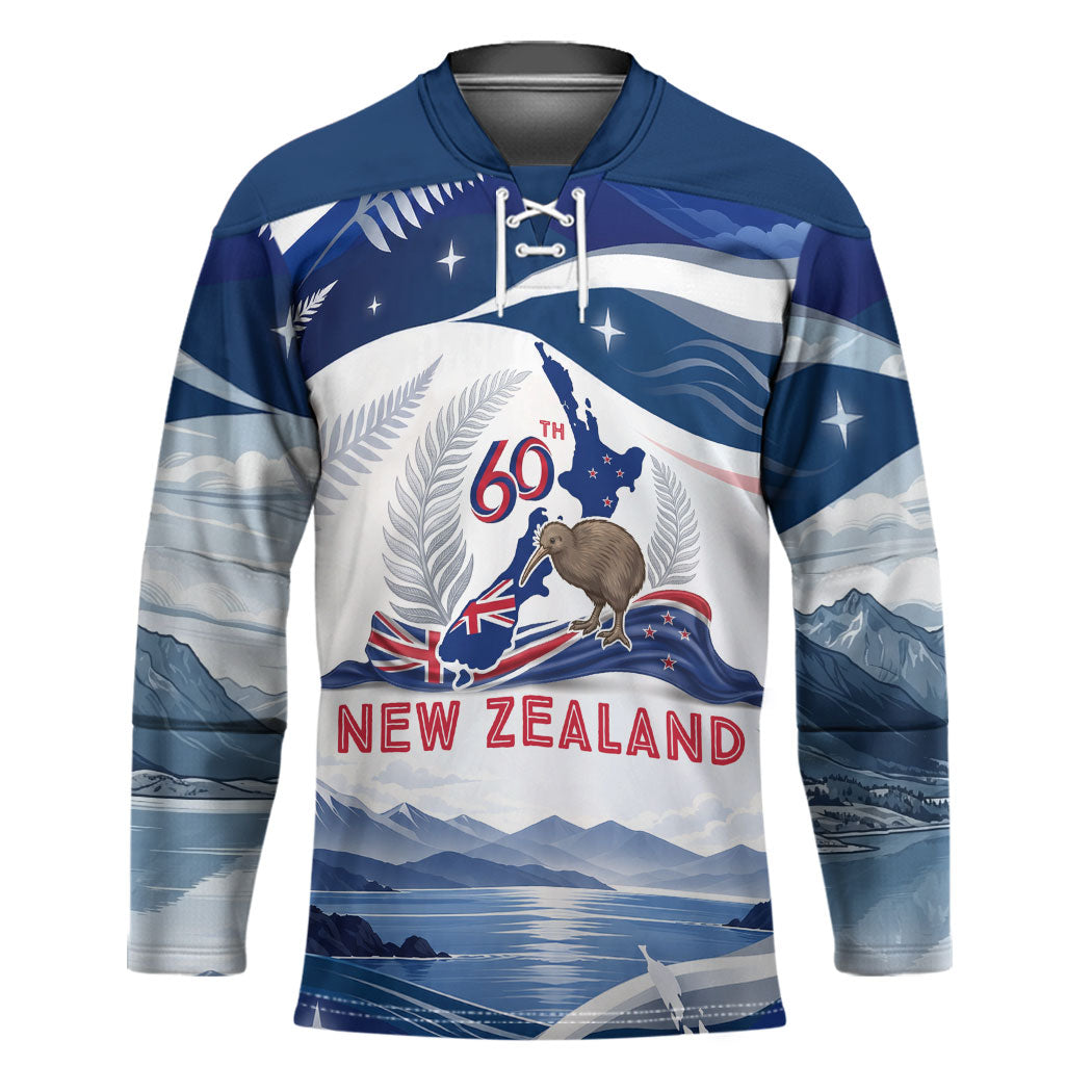 Personalized New Zealand 60th Birthday Hockey Jersey Silver Fern Kiwi Bird Coat Of Arms Flag Graphic Art TS04 Unisex Blue White - Polynesian Pride