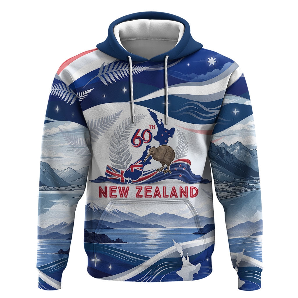 Personalized New Zealand 60th Birthday Hoodie Silver Fern Kiwi Bird Coat Of Arms Flag Graphic Art TS04 Pullover Hoodie Blue White - Polynesian Pride