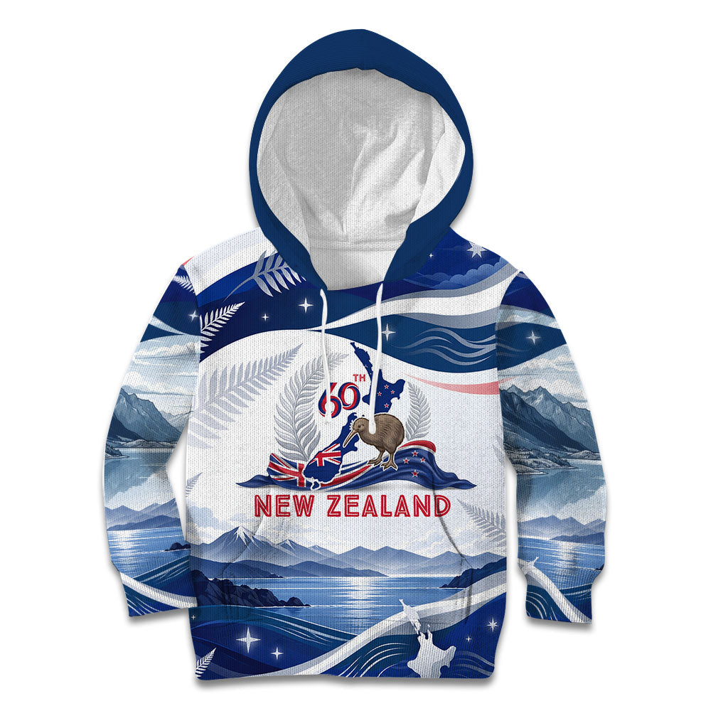 Personalized New Zealand 60th Birthday Kid Hoodie Silver Fern Kiwi Bird Coat Of Arms Flag Graphic Art TS04 Hoodie Blue White - Polynesian Pride