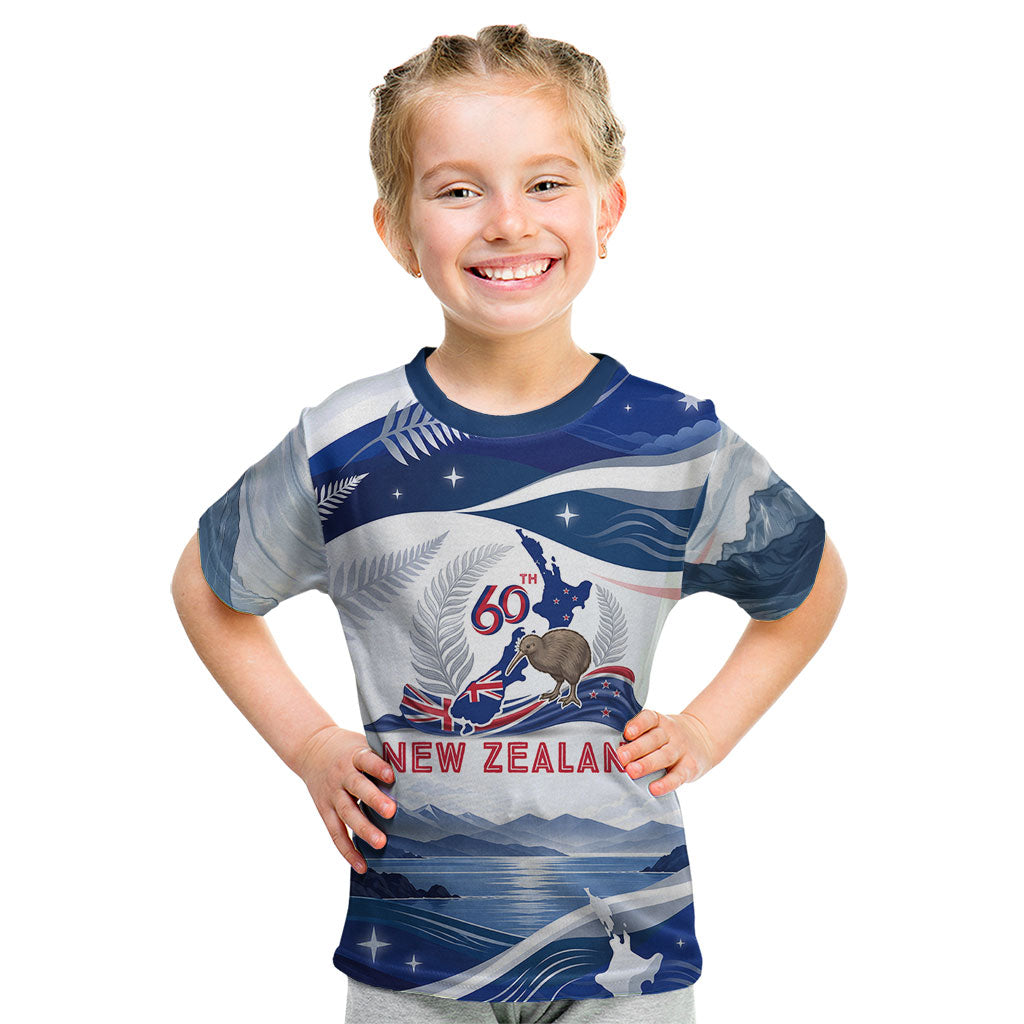 Personalized New Zealand 60th Birthday Kid T Shirt Silver Fern Kiwi Bird Coat Of Arms Flag Graphic Art TS04 Blue White - Polynesian Pride