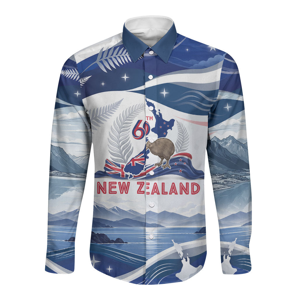 Personalized New Zealand 60th Birthday Long Sleeve Button Shirt Silver Fern Kiwi Bird Coat Of Arms Flag Graphic Art TS04 Unisex Blue White - Polynesian Pride