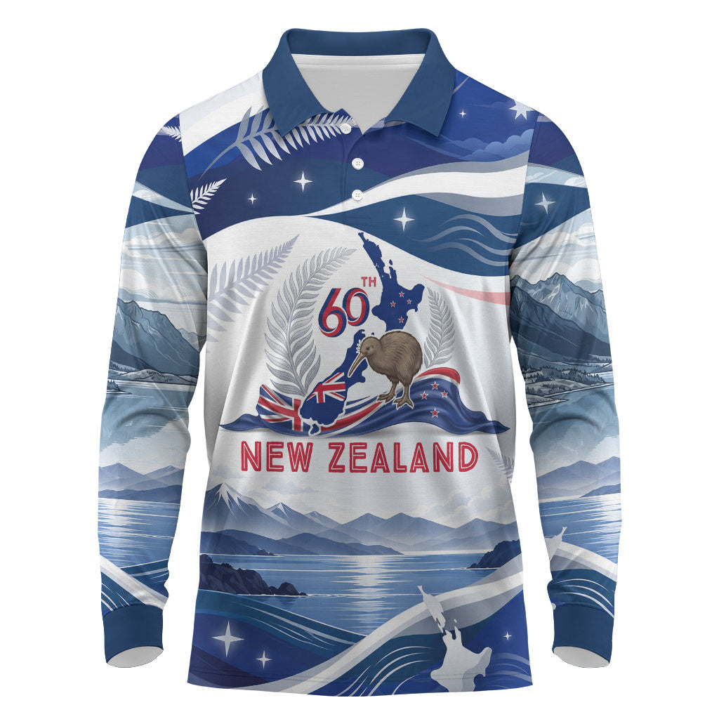 Personalized New Zealand 60th Birthday Long Sleeve Polo Shirt Silver Fern Kiwi Bird Coat Of Arms Flag Graphic Art TS04 Blue White - Polynesian Pride