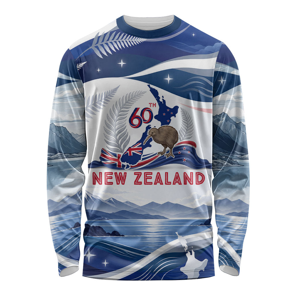Personalized New Zealand 60th Birthday Long Sleeve Shirt Silver Fern Kiwi Bird Coat Of Arms Flag Graphic Art