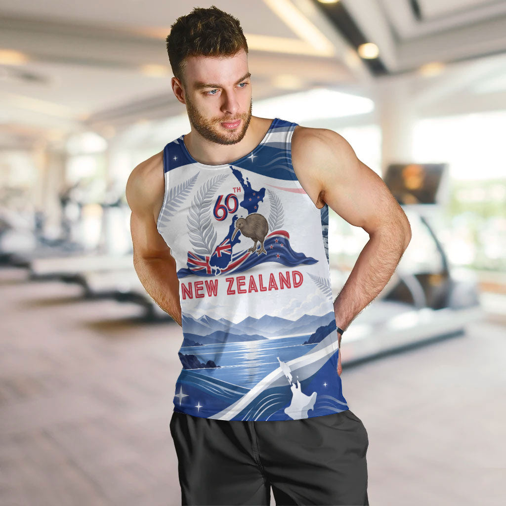 Personalized New Zealand 60th Birthday Men Tank Top Silver Fern Kiwi Bird Coat Of Arms Flag Graphic Art TS04 Blue White - Polynesian Pride