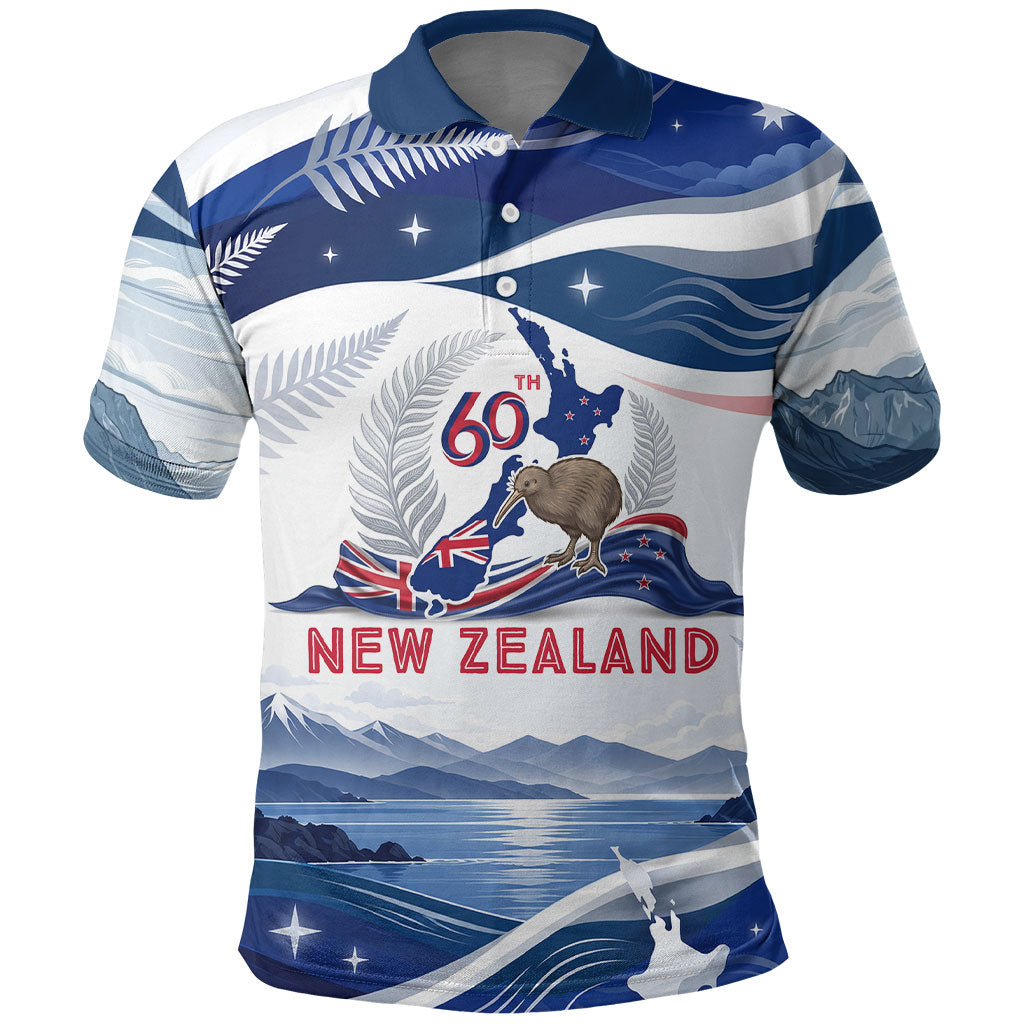 Personalized New Zealand 60th Birthday Polo Shirt Silver Fern Kiwi Bird Coat Of Arms Flag Graphic Art TS04 Blue White - Polynesian Pride