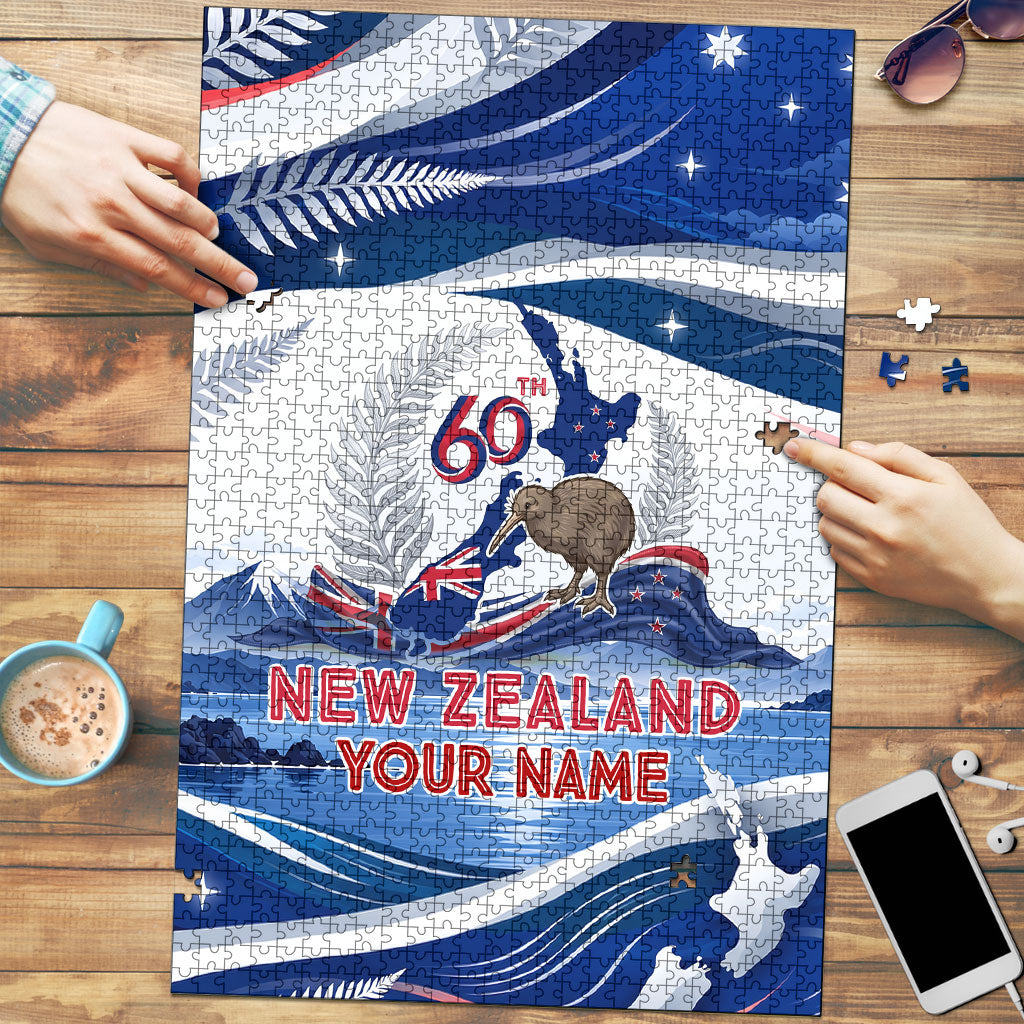 Personalized New Zealand 60th Birthday Puzzle Silver Fern Kiwi Bird Coat Of Arms Flag Graphic Art TS04 Blue White - Polynesian Pride