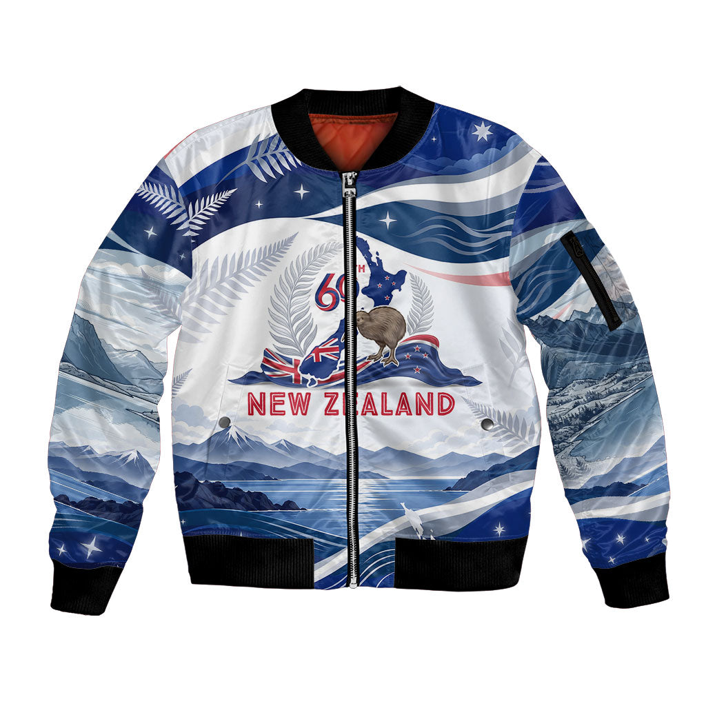 Personalized New Zealand 60th Birthday Sleeve Zip Bomber Jacket Silver Fern Kiwi Bird Coat Of Arms Flag Graphic Art TS04 Unisex Blue White - Polynesian Pride