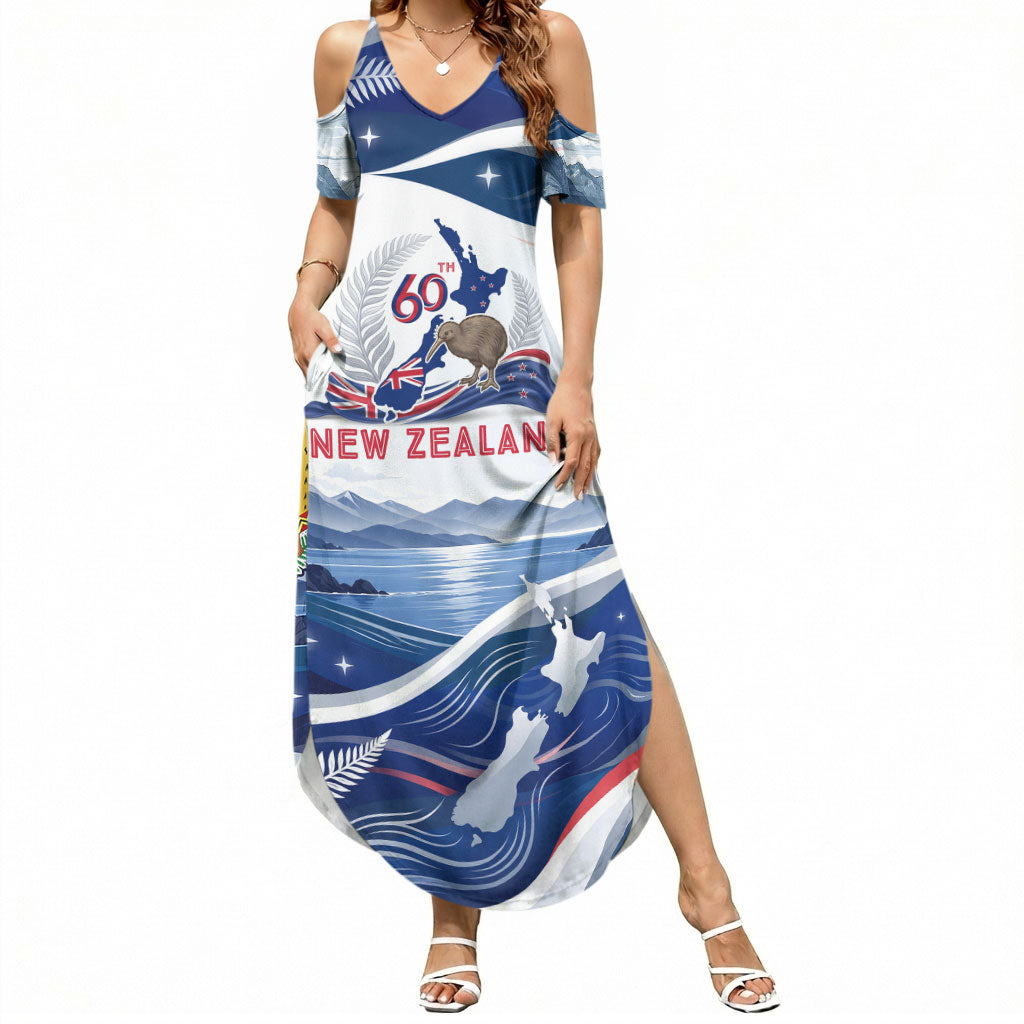 Personalized New Zealand 60th Birthday Summer Maxi Dress Silver Fern Kiwi Bird Coat Of Arms Flag Graphic Art TS04 Women Blue White - Polynesian Pride