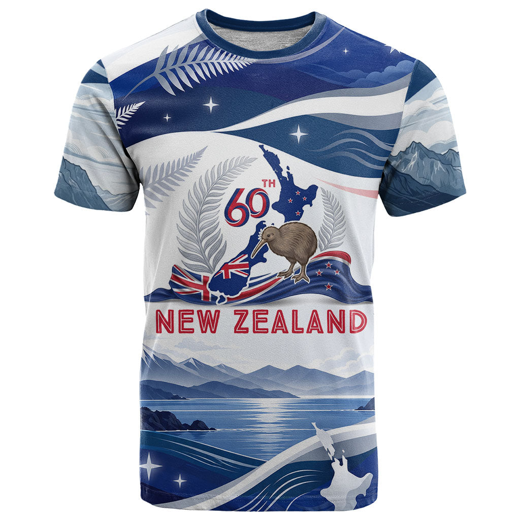 Personalized New Zealand 60th Birthday T Shirt Silver Fern Kiwi Bird Coat Of Arms Flag Graphic Art TS04 Blue White - Polynesian Pride