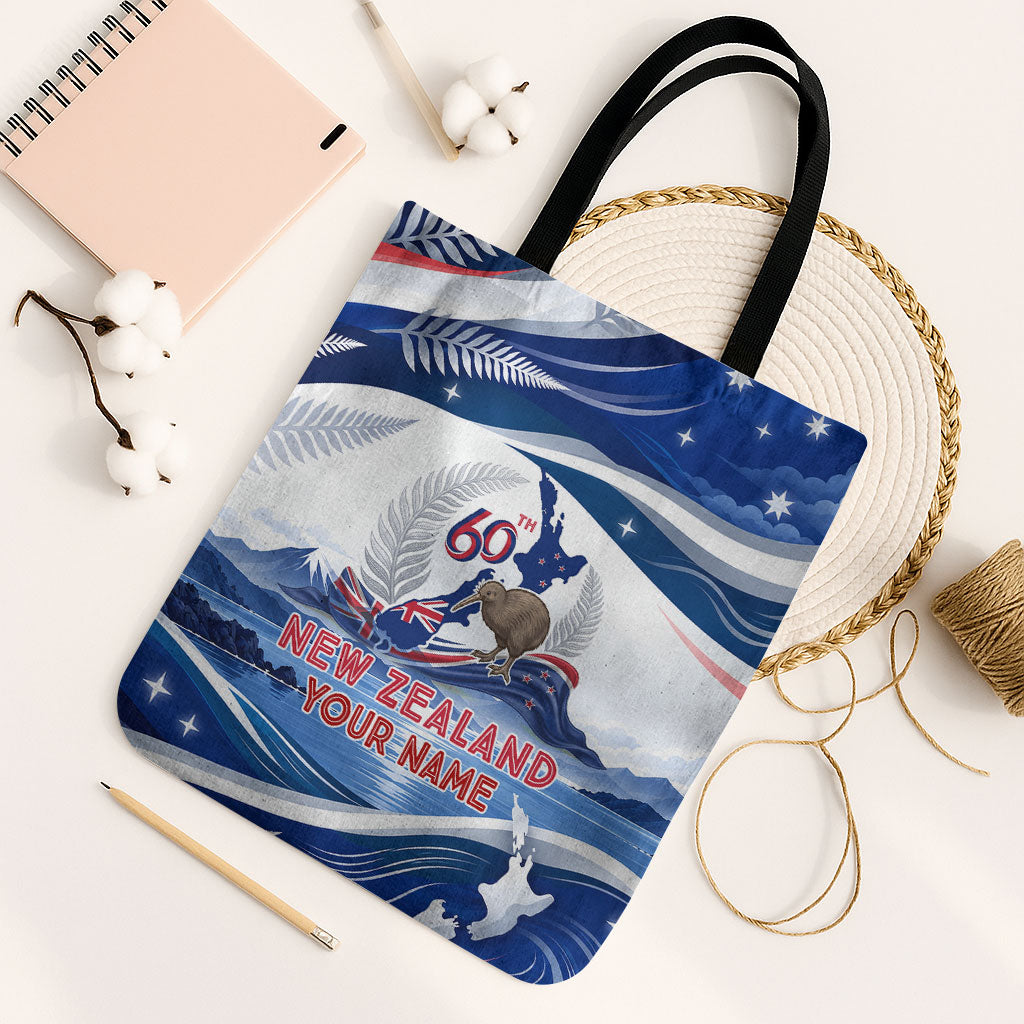 Personalized New Zealand 60th Birthday Tote Bag Silver Fern Kiwi Bird Coat Of Arms Flag Graphic Art TS04 Black Strap One Size Blue White - Polynesian Pride