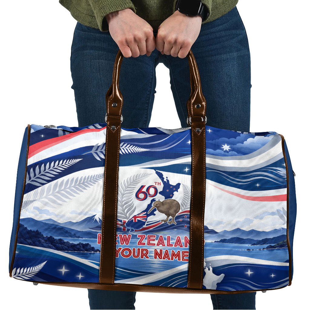 Personalized New Zealand 60th Birthday Travel Bag Silver Fern Kiwi Bird Coat Of Arms Flag Graphic Art TS04 Blue White - Polynesian Pride