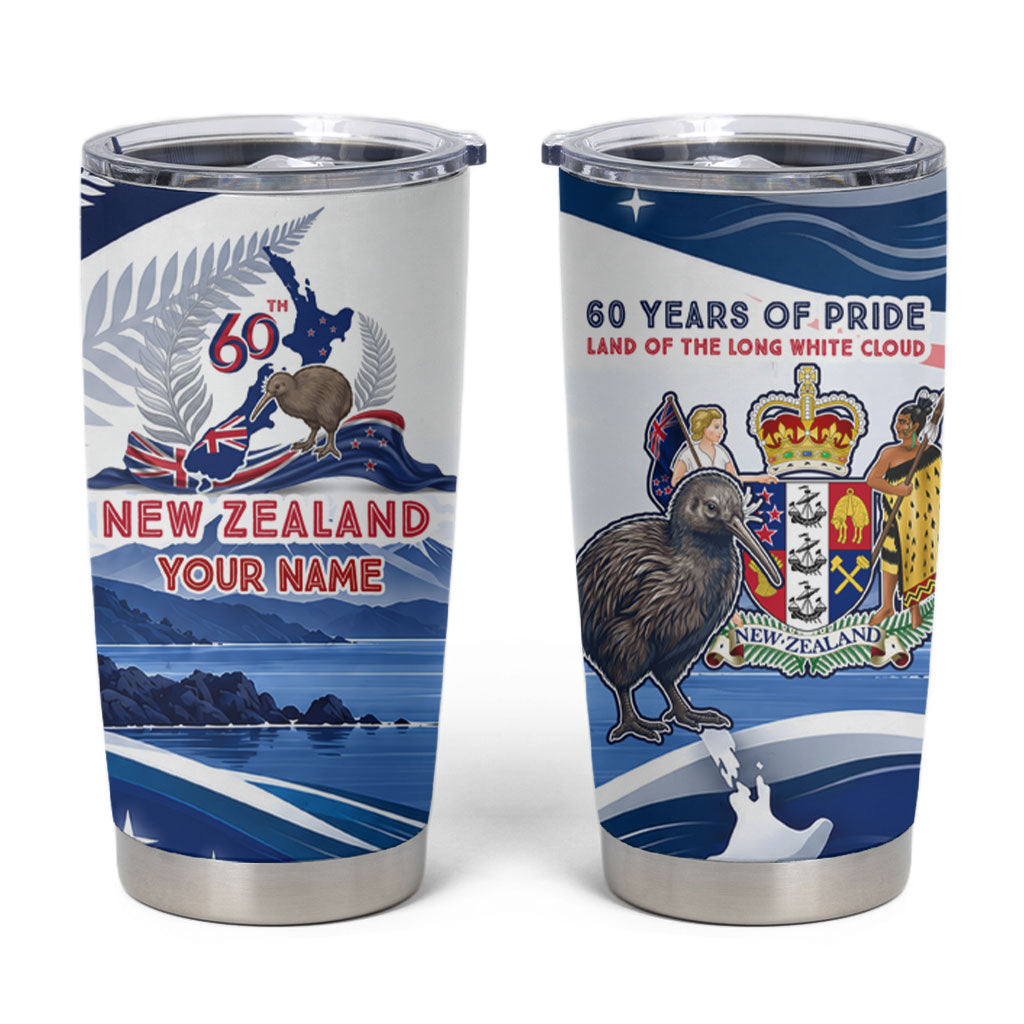 Personalized New Zealand 60th Birthday Tumbler Cup Silver Fern Kiwi Bird Coat Of Arms Flag Graphic Art TS04 Blue White - Polynesian Pride