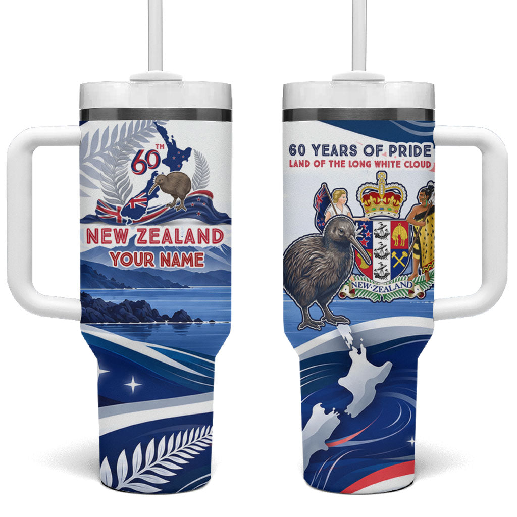 Personalized New Zealand 60th Birthday Tumbler With Handle Silver Fern Kiwi Bird Coat Of Arms Flag Graphic Art TS04 One Size: 40 oz Blue White - Polynesian Pride