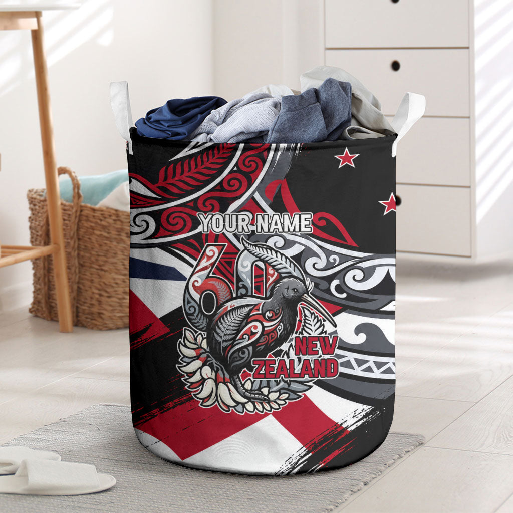 Personalized New Zealand 60th Birthday Laundry Basket Maori Tribal Patterns Kiwi Bird Silver Fern Flag Graphic Art