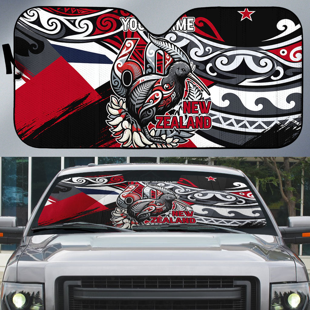 Personalized New Zealand 60th Birthday Auto Sun Shade Maori Tribal Patterns Kiwi Bird Silver Fern Flag Graphic Art TS04 Red Black - Polynesian Pride