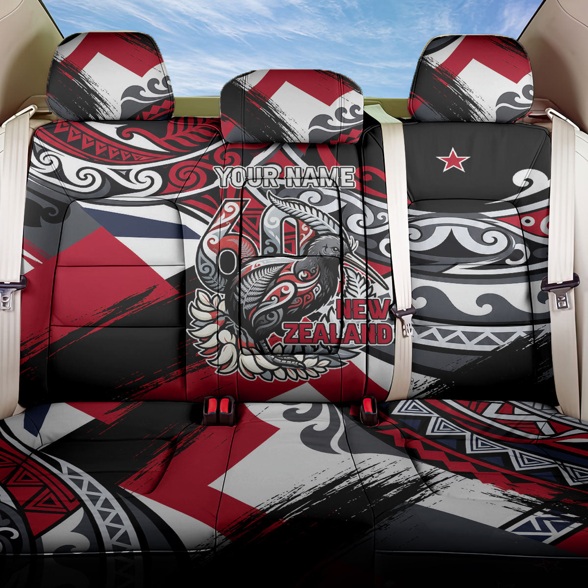 Personalized New Zealand 60th Birthday Back Car Seat Cover Maori Tribal Patterns Kiwi Bird Silver Fern Flag Graphic Art TS04 One Size Red Black - Polynesian Pride