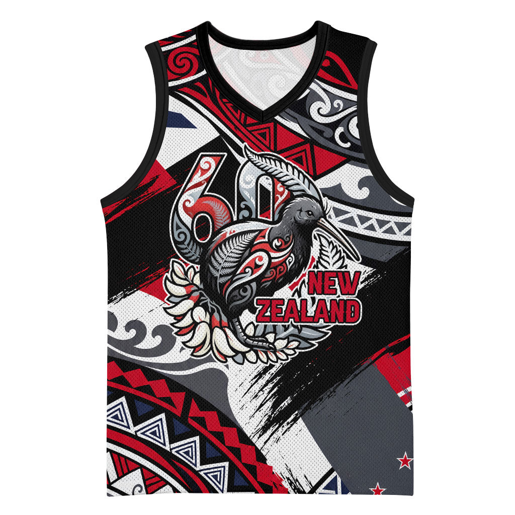 Personalized New Zealand 60th Birthday Basketball Jersey Maori Tribal Patterns Kiwi Bird Silver Fern Flag Graphic Art TS04 Unisex Red Black - Polynesian Pride