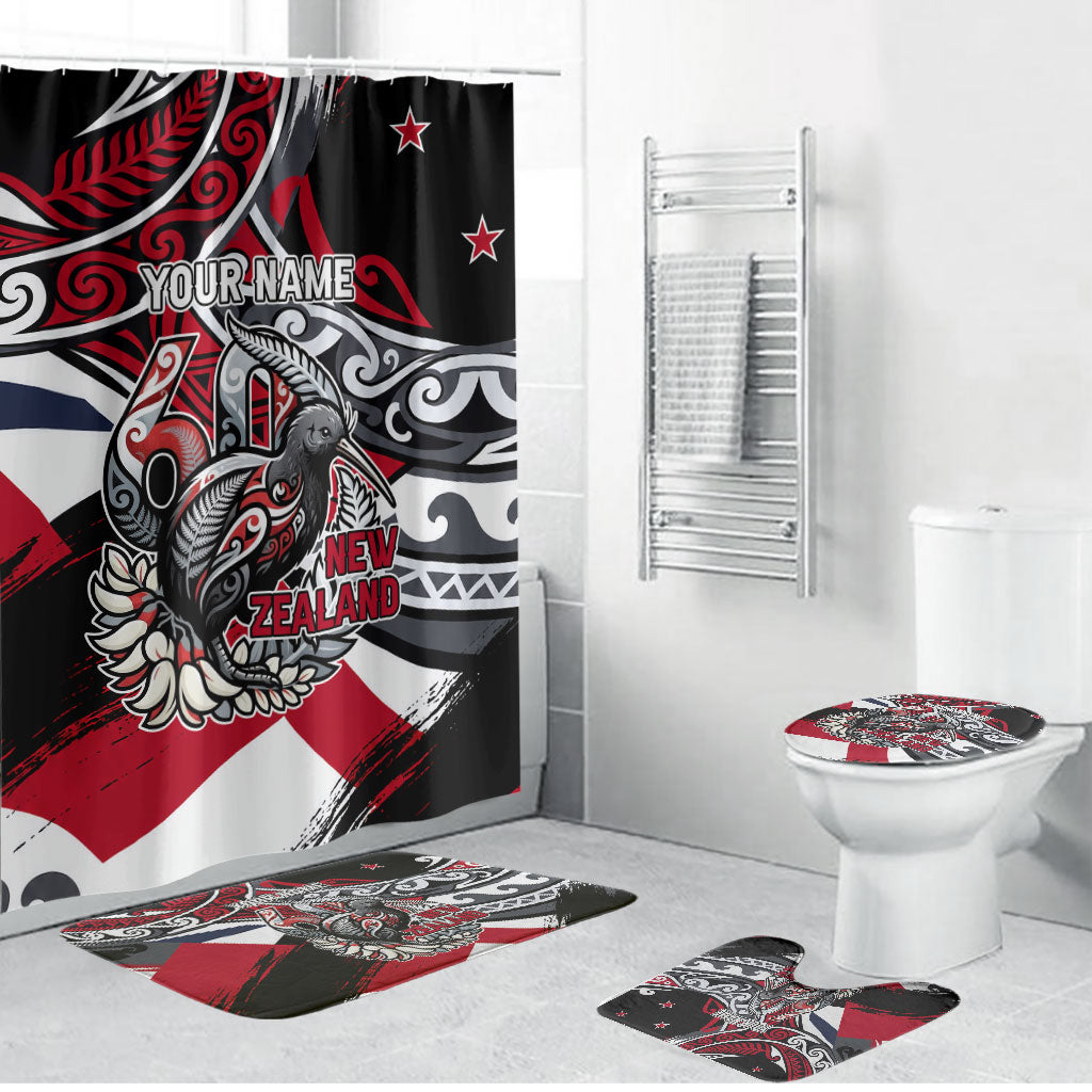 Personalized New Zealand 60th Birthday Bathroom Set Maori Tribal Patterns Kiwi Bird Silver Fern Flag Graphic Art TS04 Bathroom Set (4 pcs) Red Black - Polynesian Pride