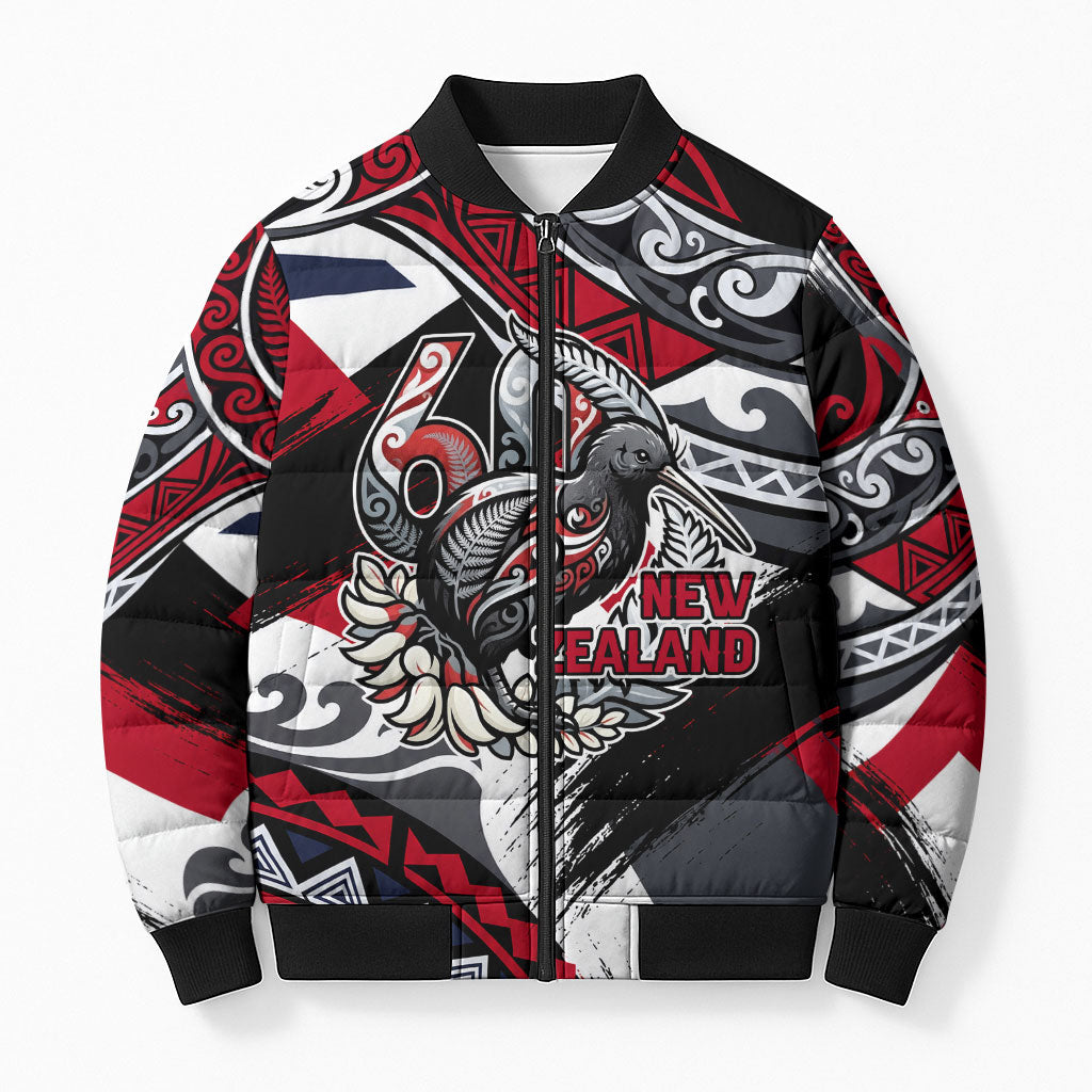 Personalized New Zealand 60th Birthday Bomber Puffer Jacket Maori Tribal Patterns Kiwi Bird Silver Fern Flag Graphic Art