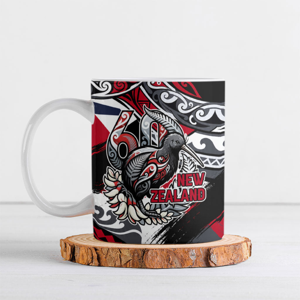 Personalized New Zealand 60th Birthday Ceramic Mug Maori Tribal Patterns Kiwi Bird Silver Fern Flag Graphic Art TS04 Red Black - Polynesian Pride