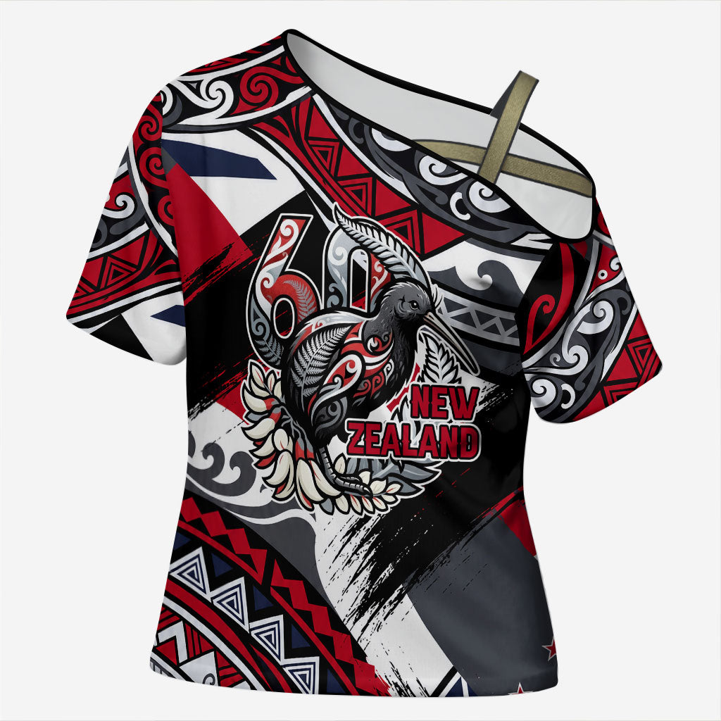 Personalized New Zealand 60th Birthday Cross Shoulder Shirt Maori Tribal Patterns Kiwi Bird Silver Fern Flag Graphic Art TS04 Female Red Black - Polynesian Pride