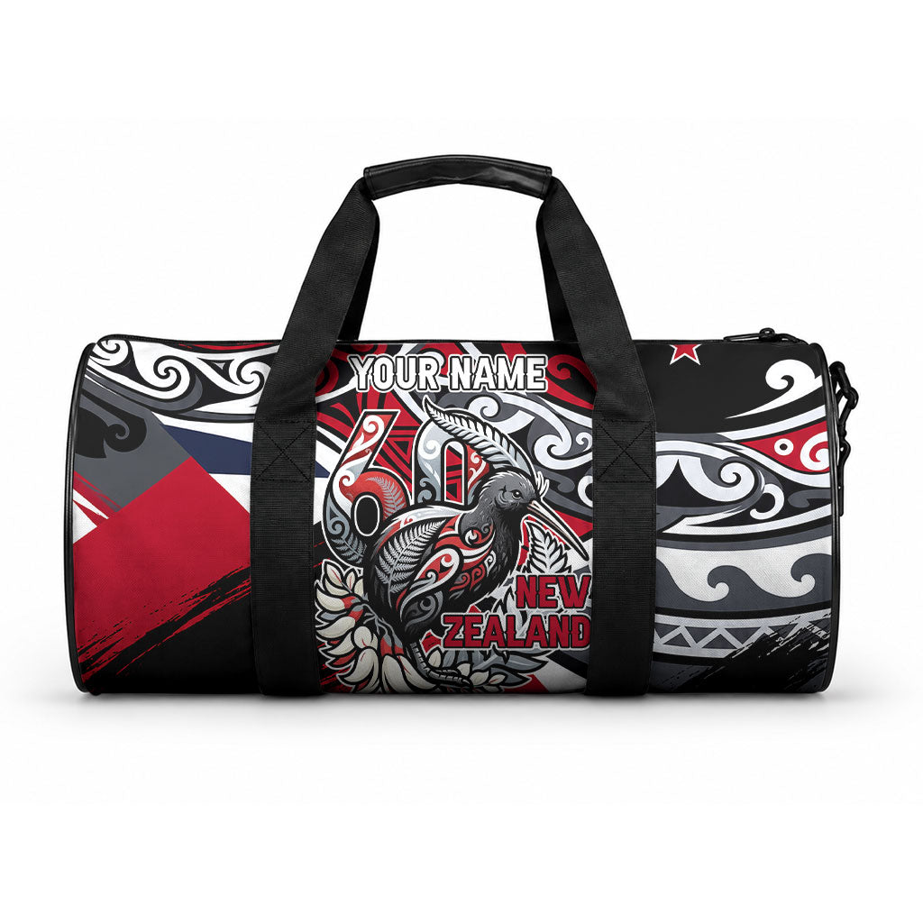 Personalized New Zealand 60th Birthday Duffle Bag Maori Tribal Patterns Kiwi Bird Silver Fern Flag Graphic Art