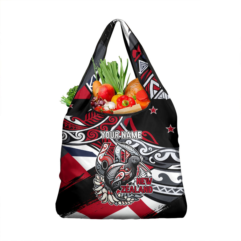 Personalized New Zealand 60th Birthday Grocery Bag Maori Tribal Patterns Kiwi Bird Silver Fern Flag Graphic Art TS04 1-pack One Size Red Black - Polynesian Pride