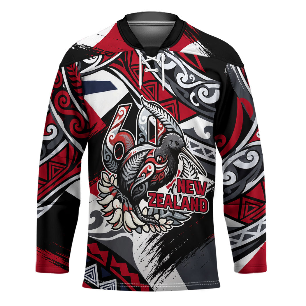 Personalized New Zealand 60th Birthday Hockey Jersey Maori Tribal Patterns Kiwi Bird Silver Fern Flag Graphic Art TS04 Unisex Red Black - Polynesian Pride