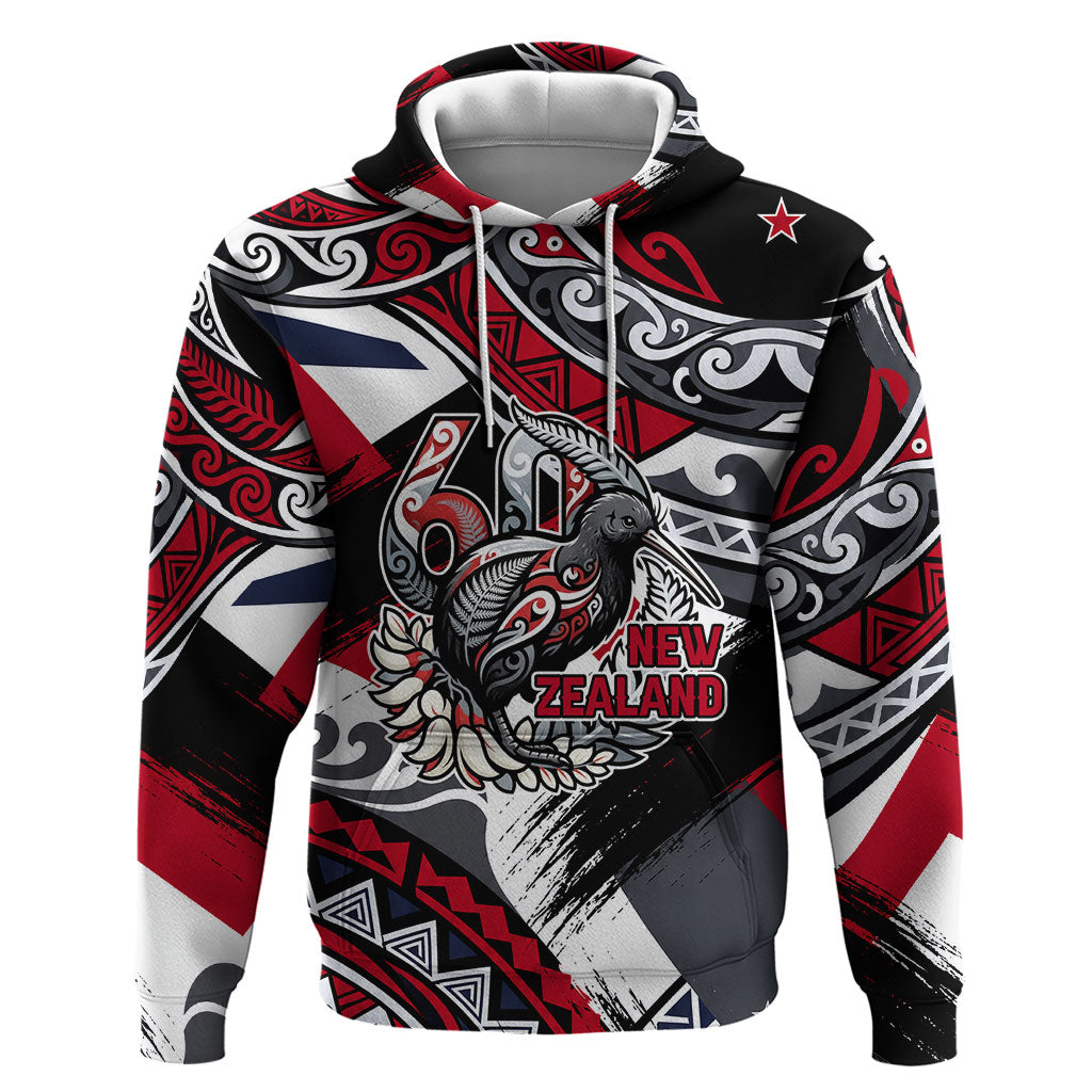 Personalized New Zealand 60th Birthday Hoodie Maori Tribal Patterns Kiwi Bird Silver Fern Flag Graphic Art TS04 Pullover Hoodie Red Black - Polynesian Pride