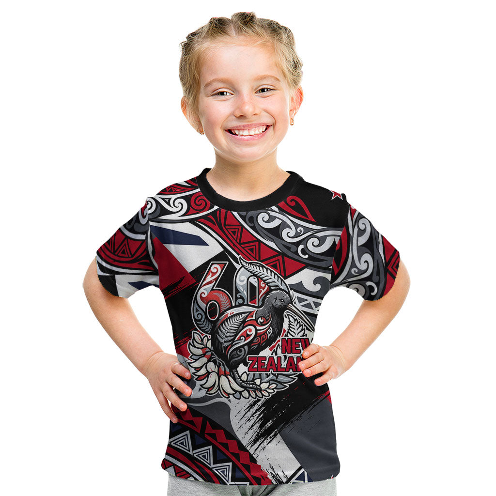 Personalized New Zealand 60th Birthday Kid T Shirt Maori Tribal Patterns Kiwi Bird Silver Fern Flag Graphic Art TS04 Red Black - Polynesian Pride