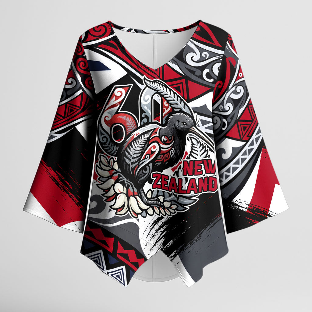 Personalized New Zealand 60th Birthday Kimono Sleeve Blouse Maori Tribal Patterns Kiwi Bird Silver Fern Flag Graphic Art TS04 Female Red Black - Polynesian Pride