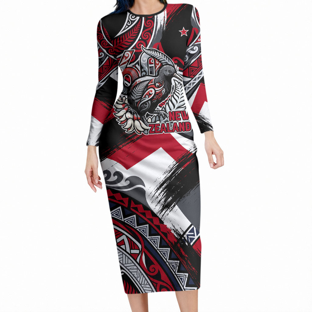 Personalized New Zealand 60th Birthday Long Sleeve Bodycon Dress Maori Tribal Patterns Kiwi Bird Silver Fern Flag Graphic Art TS04 Long Dress Red Black - Polynesian Pride