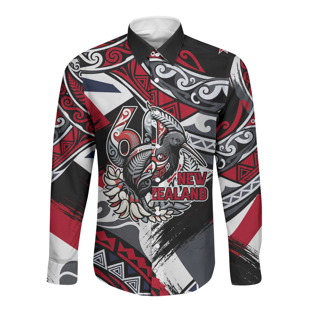 Personalized New Zealand 60th Birthday Long Sleeve Button Shirt Maori Tribal Patterns Kiwi Bird Silver Fern Flag Graphic Art TS04 Unisex Red Black - Polynesian Pride