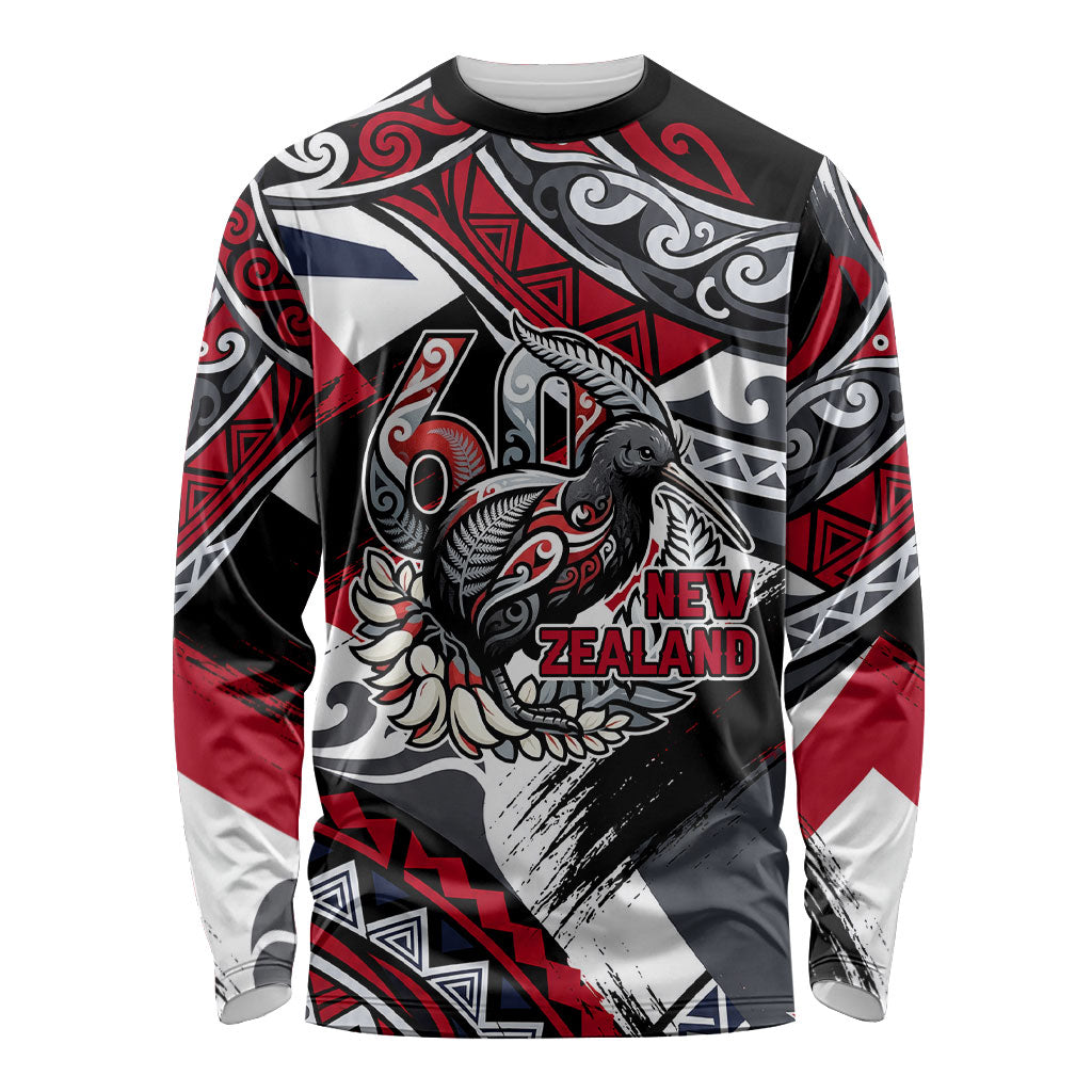 Personalized New Zealand 60th Birthday Long Sleeve Shirt Maori Tribal Patterns Kiwi Bird Silver Fern Flag Graphic Art