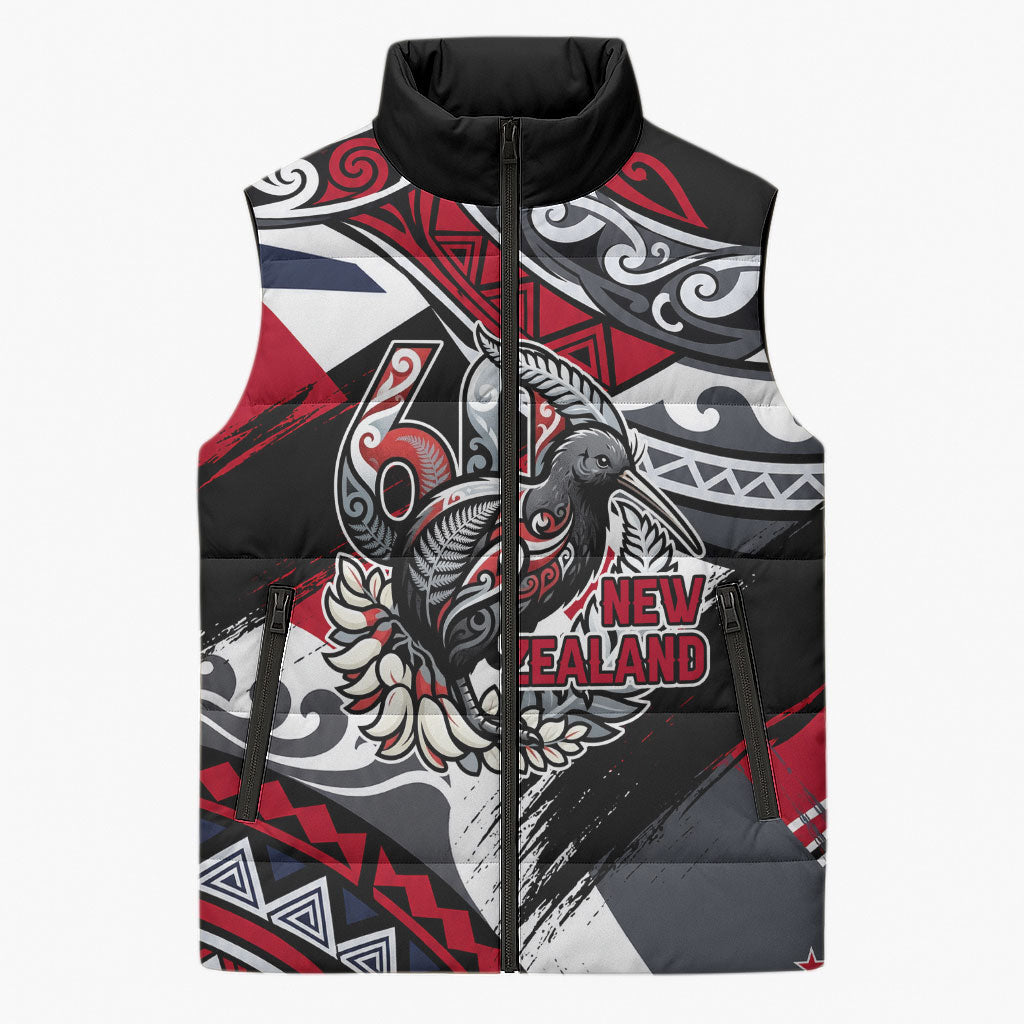 Personalized New Zealand 60th Birthday Sleeveless Puffer Jacket Maori Tribal Patterns Kiwi Bird Silver Fern Flag Graphic Art TS04 Unisex Red Black - Polynesian Pride