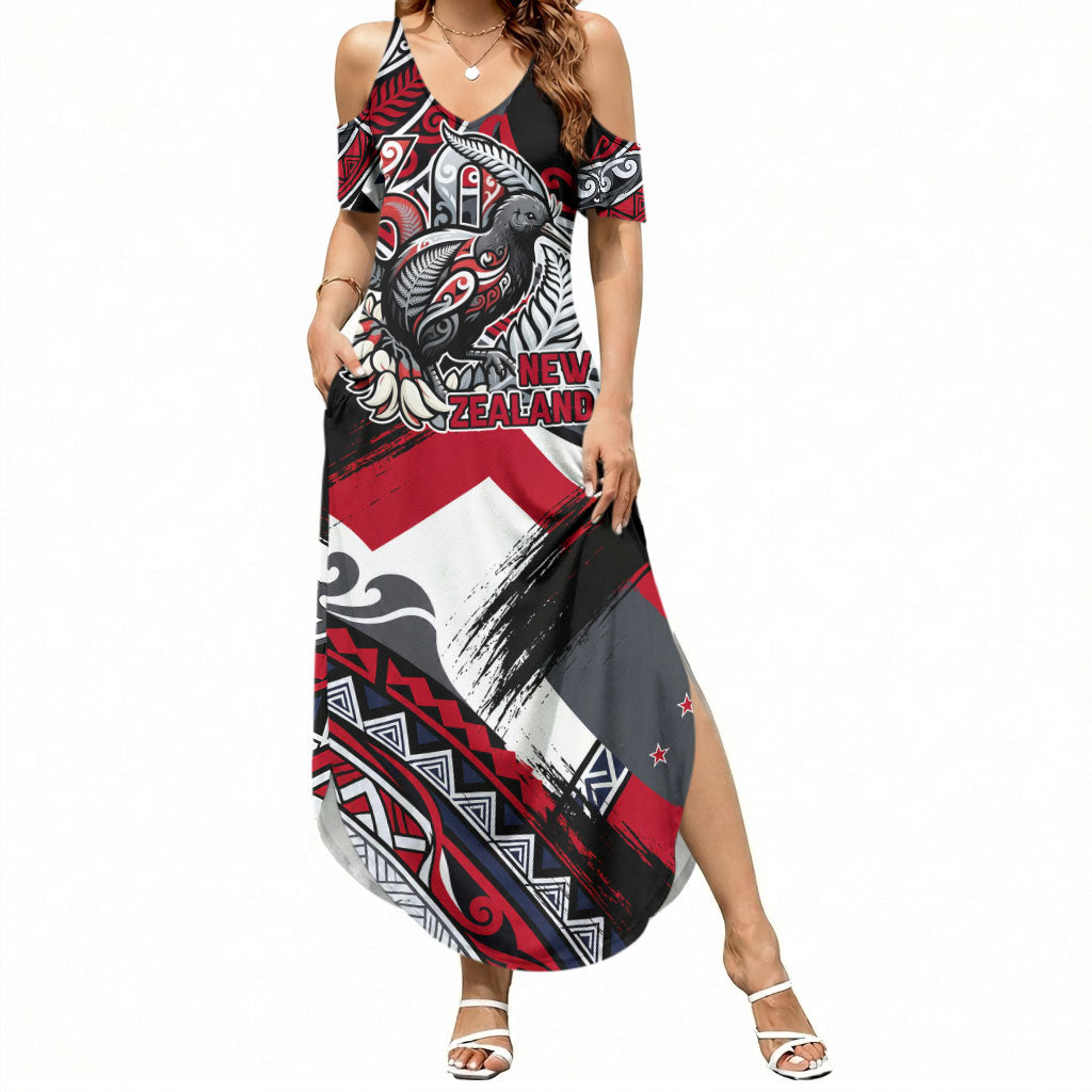 Personalized New Zealand 60th Birthday Summer Maxi Dress Maori Tribal Patterns Kiwi Bird Silver Fern Flag Graphic Art TS04 Women Red Black - Polynesian Pride