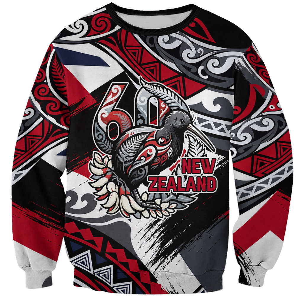 Personalized New Zealand 60th Birthday Sweatshirt Maori Tribal Patterns Kiwi Bird Silver Fern Flag Graphic Art TS04 Unisex Red Black - Polynesian Pride