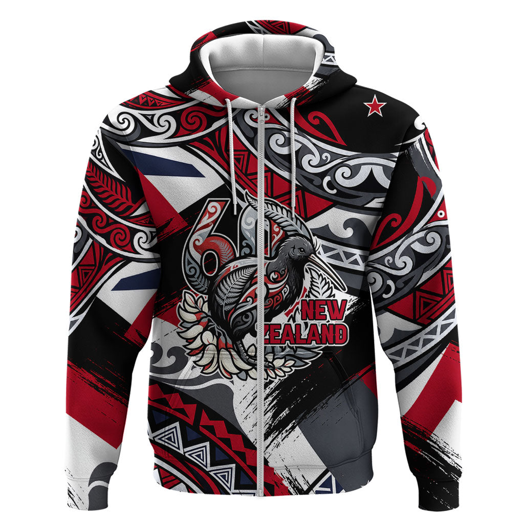 Personalized New Zealand 60th Birthday Zip Hoodie Maori Tribal Patterns Kiwi Bird Silver Fern Flag Graphic Art