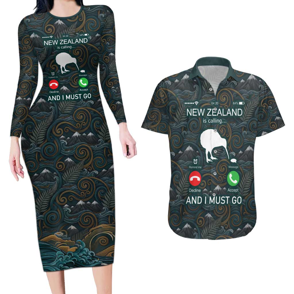 New Zealand is Calling and I Must Go Couples Matching Long Sleeve Bodycon Dress and Hawaiian Shirt Kiwi Bird Silhouette TS04 Multicolor - Polynesian Pride