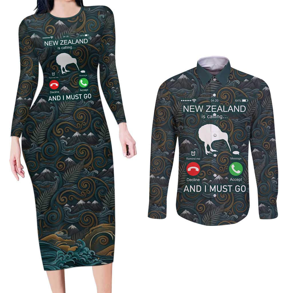 New Zealand is Calling and I Must Go Couples Matching Long Sleeve Bodycon Dress and Long Sleeve Button Shirt Kiwi Bird Silhouette TS04 Multicolor - Polynesian Pride